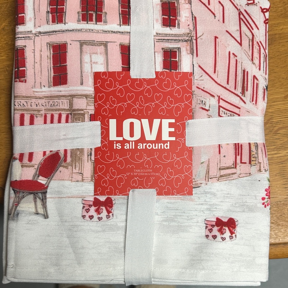 NWT Valentine’s Day Love Paris hot air balloon bicycle Tablecloth 52x70 poly